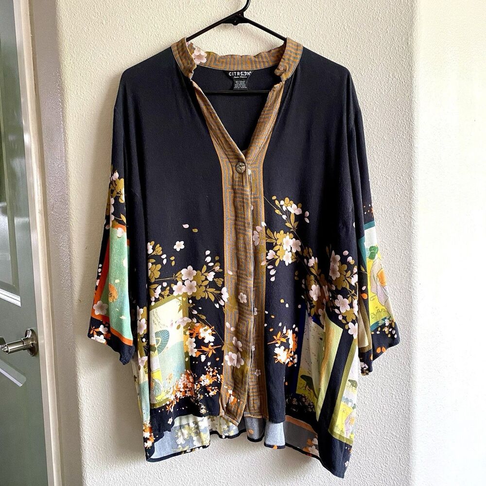 Citron Top Blouse kimono Button Down artsy Cherry Blossoms Geisha Size large